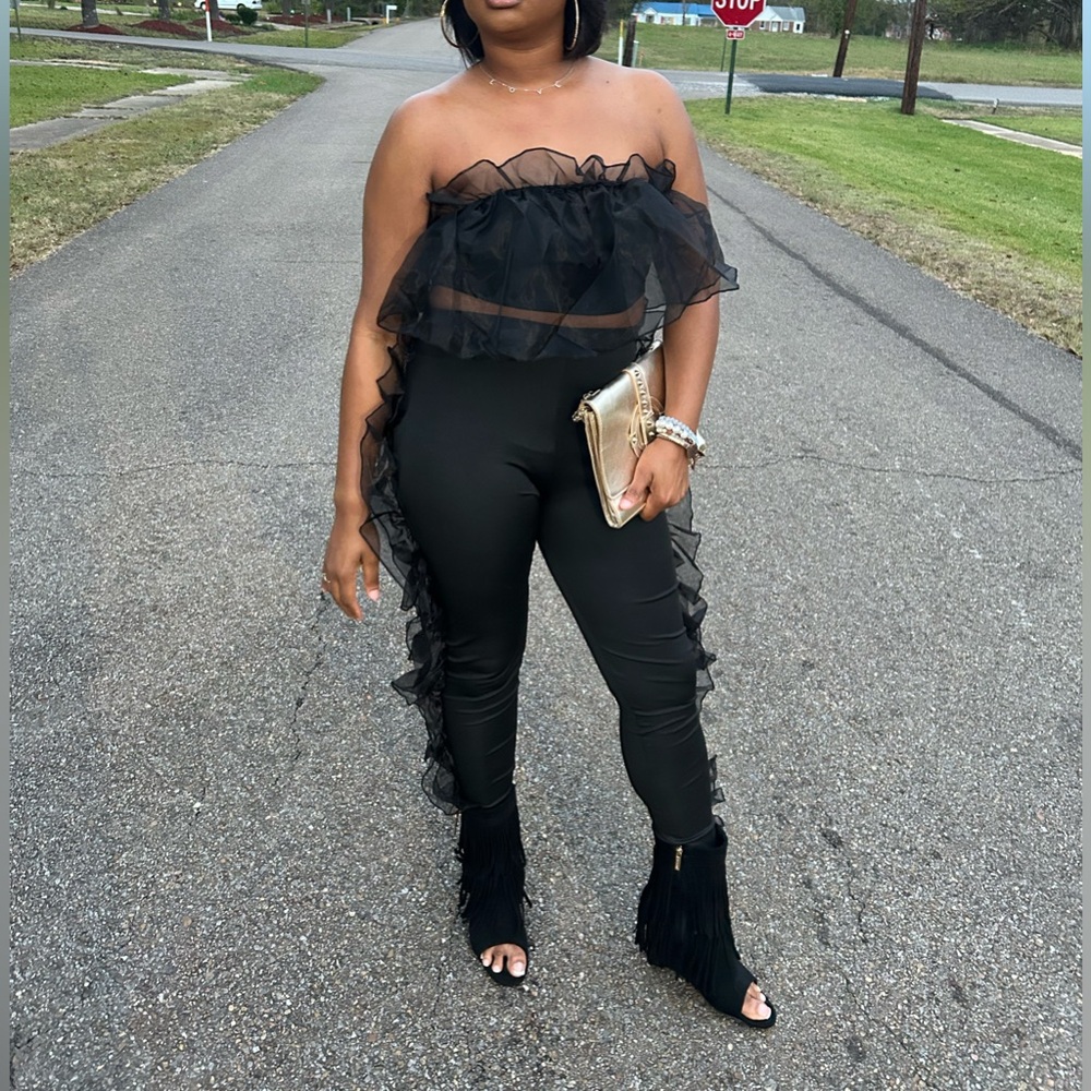 Elegant Black Ruffle 2 Piece Pant Set